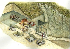 Etruskische beschaving: reconstructie en versnijding van de graftombe Francois de Vulci. 3e eeuw voor Christus Italië door Giorgio Albertini
