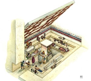 Etruskische beschaving: reconstructie en uitsnede van het graf van de Tifone (tyfoon), necropolis van Tarquinia. 2e eeuw v.Chr. Italië door Giorgio Albertini