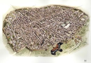 Middeleeuwen: luchtfoto van Damascus, Syrië, toen het deel uitmaakte van het Ottomaanse Rijk. door Giorgio Albertini