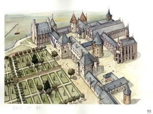 Middeleeuwen: luchtfoto van het Conciergepaleis in Parijs zoals het was in de 15e eeuw, toen het een gevangenis werd. door Giorgio Albertini