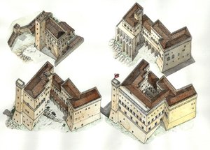 Middeleeuwen: luchtfoto van de verschillende bouwfasen van het Vaticaanse paleis (Vaticano) tussen de 12e en 15e eeuw. Rome Italië door Giorgio Albertini
