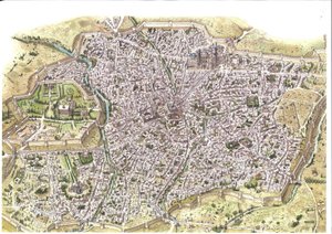 Middeleeuwen: gedetailleerde luchtfoto van de stad Samarkand (Samarkand), de stadsmuren zijn zichtbaar, in Oezbekistan ten tijde van de Mongoolse Chaybanid-dynastie. 1450 rond Centraal-Azië. Illustratie door Giorgio Albertini. (Het gebruik van de werken va door Giorgio Albertini