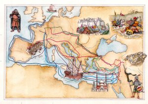 Middeleeuwen: kaart van Europa en het Midden-Oosten met de land- en zeeroutes die werden gebruikt tijdens de verschillende kruistochten