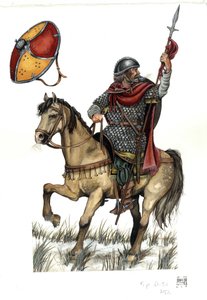 Middeleeuwen: soldaat van de Karolingische zware cavalerie. 8e eeuw door Giorgio Albertini
