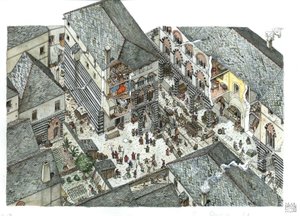 Middeleeuwen: gezicht op een paleis van de koopmansadel (Curia of curia) van Genes in de 15e eeuw, straatscènes, Italië Illustratie van Giorgio Albertini. door Giorgio Albertini