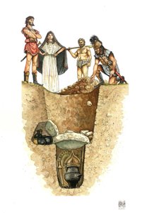 Neolithicum: uitsnede van een Villanoviaans graf (Villanova-cultuur), de urnen met de as van de overledene zijn begraven in putten (ballotvelden), 8e eeuw v.Chr. Etrurië, Italië door Giorgio Albertini