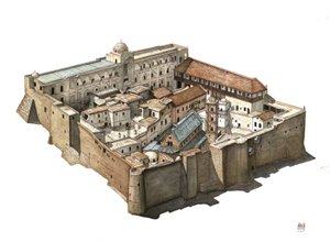 Overzicht van het orthodoxe klooster van St. Catharina van de Sinaï in Egypte. Illustratie door Giorgio Albertini. (Voor het gebruik van de werken van deze auteur is geen toestemming van derden nodig en hoeven geen extra kosten te worden betaald). door Giorgio Albertini