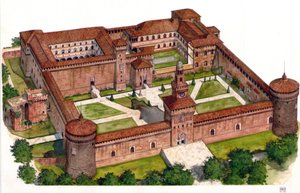 Overzicht van het kasteel van de vesting Sforza (Castello Sforzesco) gebouwd door hertog Francesco Sforza in de 15e eeuw in Milaan, Italië. door Giorgio Albertini
