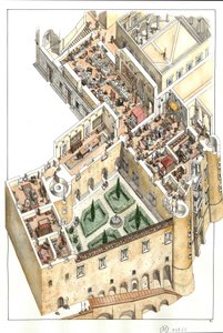 Reconstructie van de adellijke vloer van het hertogelijk paleis van Urbino, Italië. Het werd gebouwd door hertog Federico da Montefeltro (Frederic de Montefeltre, hertog van Urbino) in de 15e eeuw. door Giorgio Albertini