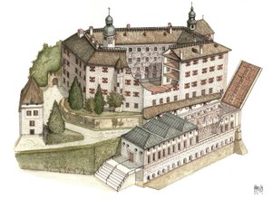 Renaissance-architectuur: reconstructie van het kasteel van Ambras door Giorgio Albertini