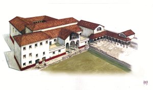 Roman Antiquite: reconstructie van de site van de domus van de maritieme poort (domus di porta marina) in Ostia antica (het oude Ostia) in de 4e eeuw, Italië. door Giorgio Albertini