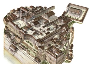 Romeinse oudheid: reconstructie van de berg Palatijn (Glue Palatino) in de 4e eeuw, opeenvolgende keizers (Augustus, Nero, Severe Septime) bouwden hun respectievelijke paleizen. Rome Italië door Giorgio Albertini