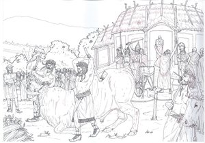 Romeinse oudheid: scène van het offeren van een stier als eerbetoon aan Jupiter bij het meer van Nemi, Rome. door Giorgio Albertini