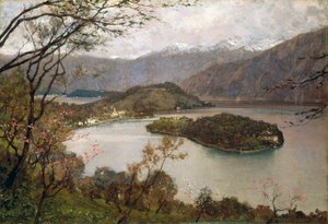 Uitzicht op Comacina-eiland, Comomeer, door Giorgio Belloni (1861-1944), olieverf op doek, 69,5x100 cm door Giorgio Belloni
