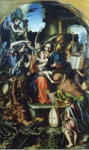 Heilige Familie met Sint Michaël de Aartsengel en de Duivel die Strijden om Zielen, Sint Bernhard en... door Giorgio Gandini del Grano