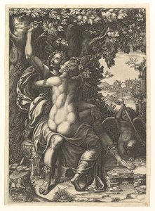 Angelica en Medoro, het paar omhelst elkaar, Medoro snijdt hun namen in de schors van een boom, ca. 1570