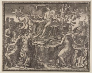 Apollo en de Muzen op de berg Parnassus door Giorgio Ghisi