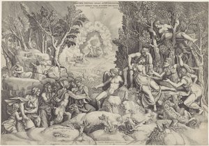 Cephalus en de Bosgoden beweenen de dood van Procris door Giorgio Ghisi