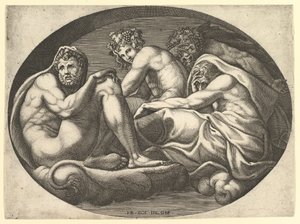 Hercules, Bacchus, Pan en Saturnus, uit een serie van acht composities naar Francesco P..., 1560s door Giorgio Ghisi