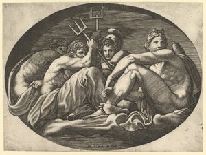 Pluto, Neptunus, Minerva en Apollo, uit een serie van acht composities naar Francesco P... door Giorgio Ghisi