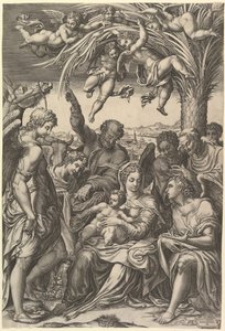 Rust tijdens de vlucht naar Egypte, de Heilige Familie onder een palmboom omringd door engelen, put..., 1578 door Giorgio Ghisi