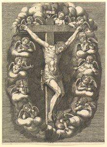 De gekruisigde Christus omringd door rouwende engelen, 1575-1679 door Giorgio Ghisi