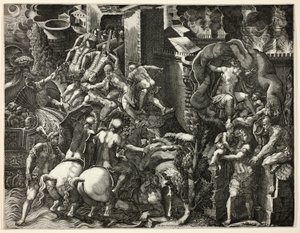 De val van Troje en de ontsnapping van Aeneas door Giorgio Ghisi