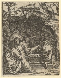 De Maagd van Smarten: De graflegging, een van de negen omliggende compartimenten, ca. 1575 door Giorgio Ghisi