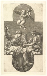 Drie muzen en een putto met cimbalen, een kruisvormige compositie, uit een serie van acht..., 1560s door Giorgio Ghisi