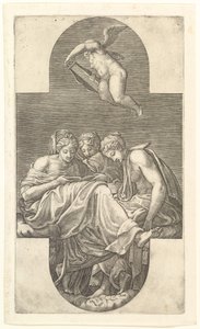 Drie muzen en een putto met een lier, een kruisvormige compositie, uit een serie van acht composities