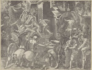 Val van Troje en de ontsnapping van Aeneas door Giorgio Ghisi