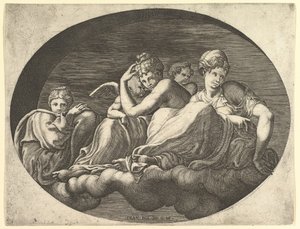 Venus en Cupido, Twee Andere Godinnen, en een Putto, uit een serie van acht composities door Giorgio Ghisi