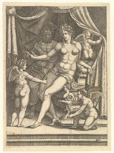 Venus en Vulcanus zittend op een bed en drie putti