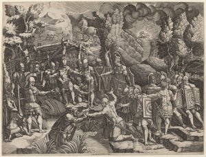Sinon bedriegt de Trojanen door Giorgio Ghisi after Giovanni Battista Scultori