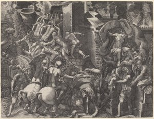 De Val van Troje en de Ontsnapping van Aeneas door Giorgio Ghisi after Giovanni Battista Scultori