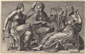 De drie schikgodinnen door Giorgio Ghisi after Giulio Romano
