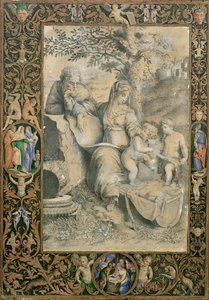 Rand van een verlicht manuscript rondom een tekening naar Rafaëls De Heilige Familie onder de eik