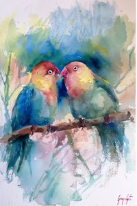 Kleurrijke tortelduifjes in aquarel door Giorgio Gosti