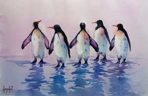 Vijf wandelende pinguïns door Giorgio Gosti