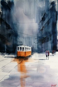 Oranje Tram City Rain door Giorgio Gosti