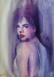 Vrouw in paarse aquarel door Giorgio Gosti