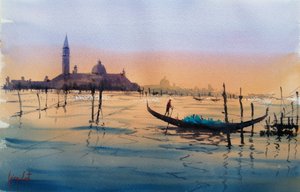 Gondel in Venetië bij zonsondergang door Giorgio Gosti