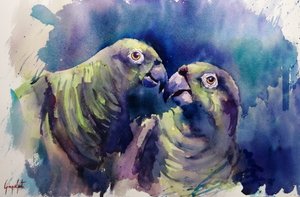 Groene papegaaien in aquarel