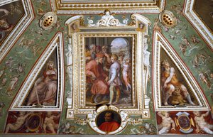 (detail) van de kamer van Cosimo de Medici die zichzelf met Sante Bentivoglio, gouverneur van de stad Bologna voorstelt (fresco)
