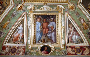 (detail) van de kamer van Cosimo de Medici die zichzelf met kunstenaars en intellectuelen voorstelt (fresco) door Giorgio Vasari