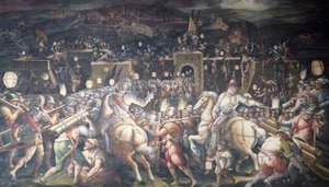 Italië, Florence, Palazzo Vecchio (Oud Paleis), Salone dei Cinquecento, Inname van Fort bij Port Camollia in Siena door Giorgio Vasari