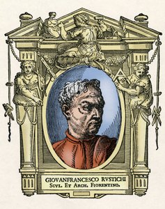 Portret van Giovan Francesco RUSTICI (1474 - 1554) Italiaanse beeldhouwer en architect. Gravure van het werk Levens van de meest uitstekende schilders, beeldhouwers en architecten (Le Vite de