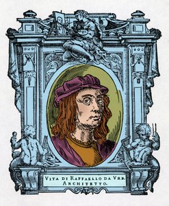 Portret van Raphael (Raffaello Sanzio 1483 - 1520) Italiaanse architect en schilder. Gravure uit "Levens van de meest excellente schilders, beeldhouwers en architecten" (Le Vite de