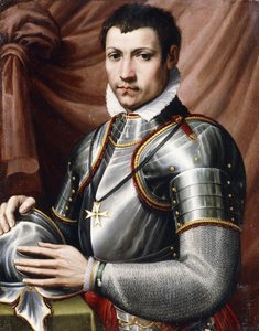 Portret van een Ridder van Malta, halflang, in harnas, met een helm op een tafel, een gordijn erachter