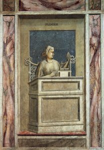 Voorzichtigheid, vrouwelijke figuur zittend aan een bureau, kijkend naar het verleden om van ervaring te leren en een boek lezend voor toekomstig onderricht (na restauratie) door Giotto (c.1266 1337)